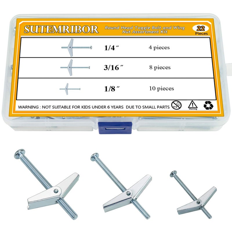 Sutemribor 1/8 Inch, 3/16 Inch, 1/4 Inch Toggle Bolt and Wing Nut for Hanging Heavy Items on Drywall, 22 PCS - Image 1